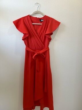 DKNY Vibrant Red Wrap Midi Dress with Tie Waist